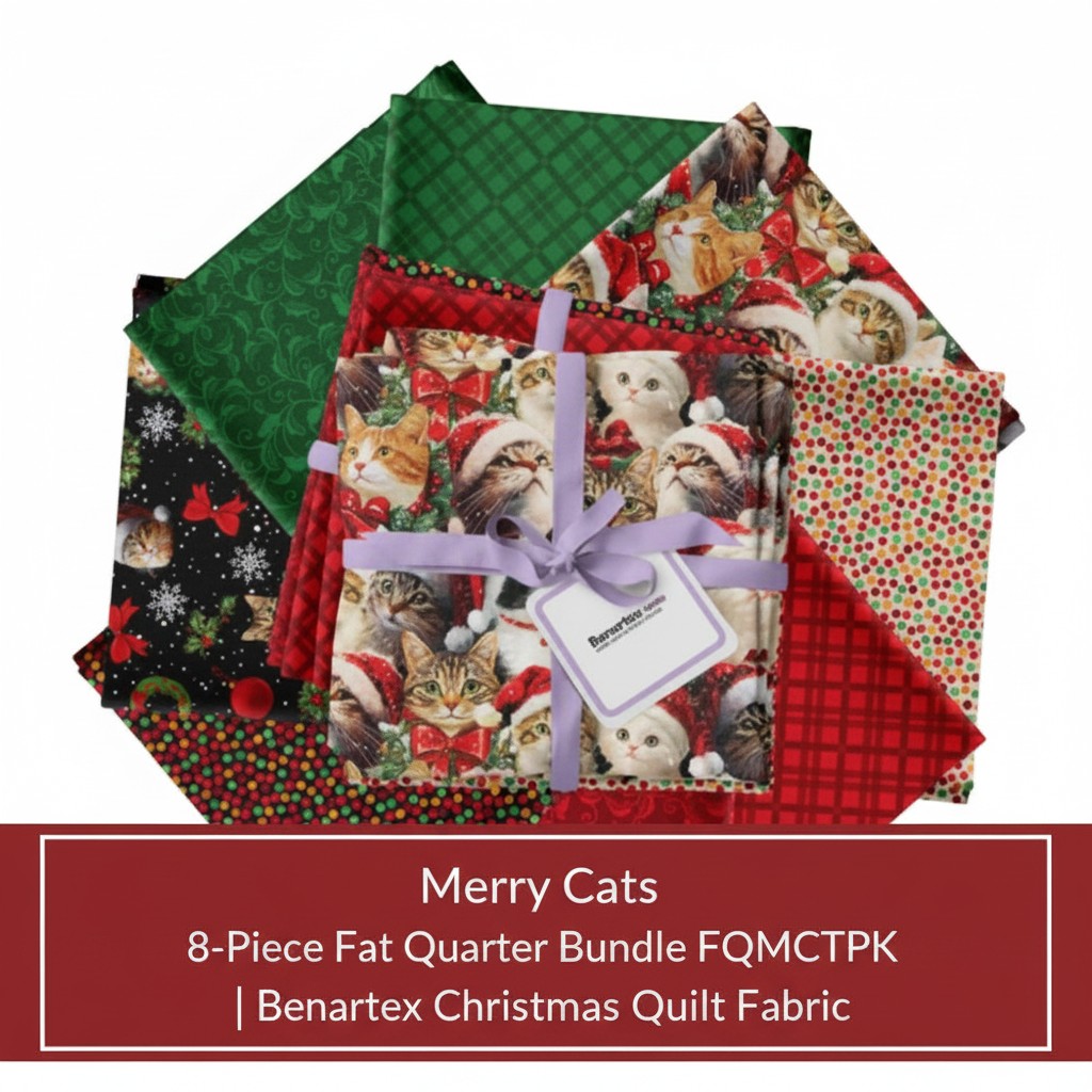 Carmon's Quilt Shop Merry Cats 8-piece fat quarter bundle featuring festive Christmas cat prints and holiday patterns.