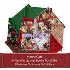 Carmon's Quilt Shop Merry Cats 8-piece fat quarter bundle featuring festive Christmas cat prints and holiday patterns.