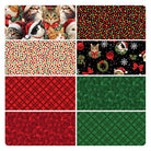 Carmon's Quilt Shop Merry Cats 8-piece fat quarter bundle featuring festive Christmas cat prints and holiday patterns.