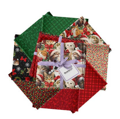 Carmon's Quilt Shop Merry Cats 8-piece fat quarter bundle featuring festive Christmas cotton fabrics with cat prints