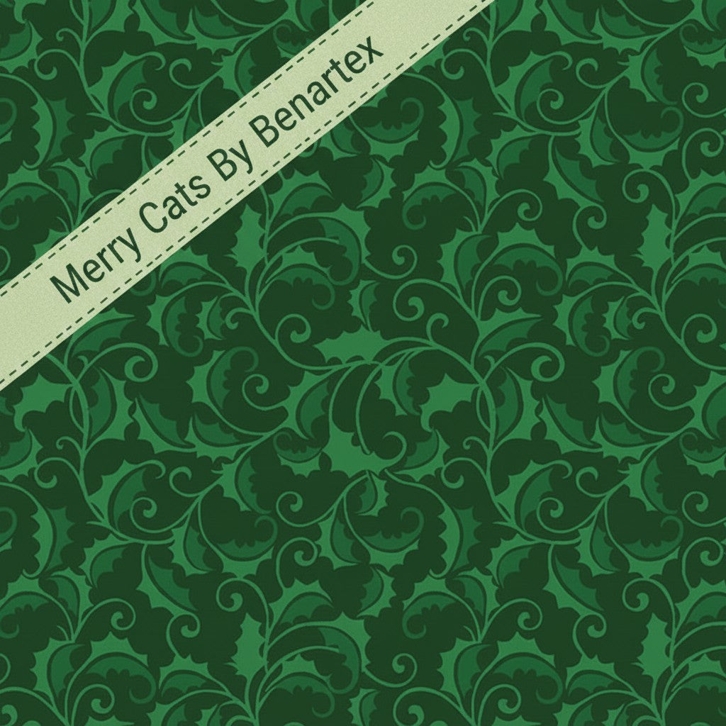 Carmon's Quilt Shop Merry Cats by Benartex green cotton fabric with a dark green holly leaf and scroll pattern