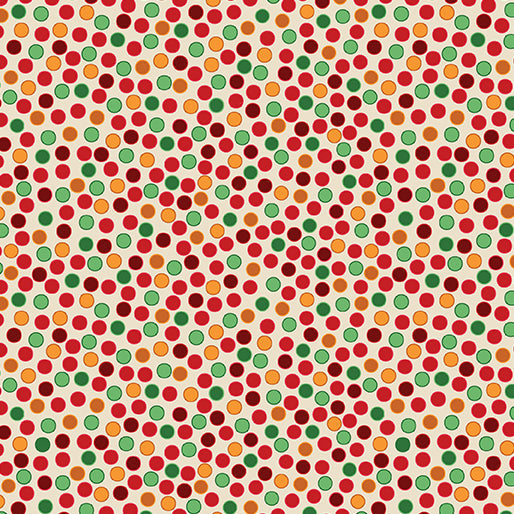 Carmon's Quilt Shop Merry Cats quilting cotton fabric featuring a festive multi-colored polka dot pattern on cream