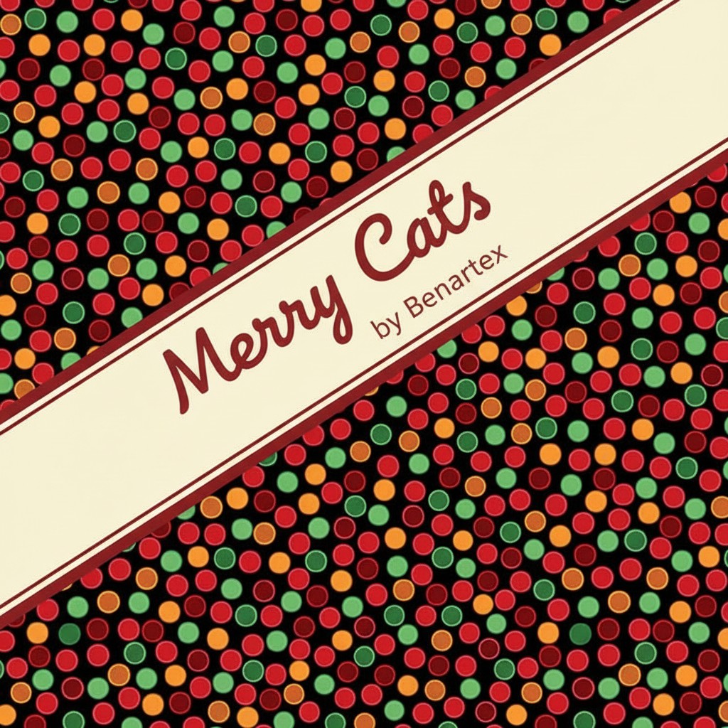 Carmon's Quilt Shop Merry Cats fabric featuring a festive green, red, and orange polka dot pattern on black cotton