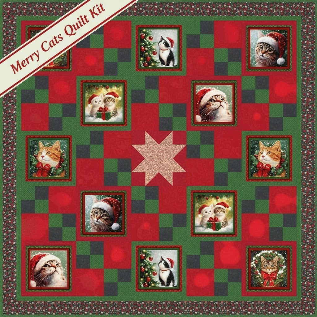 Carmon's Quilt Shop Merry Cats quilt kit featuring festive holiday cats in a 68-inch square pieced design.