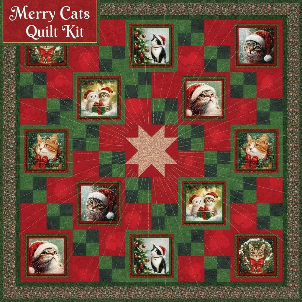 Carmon's Quilt Shop Merry Cats quilt kit featuring festive holiday cats in red and green patchwork with a star center