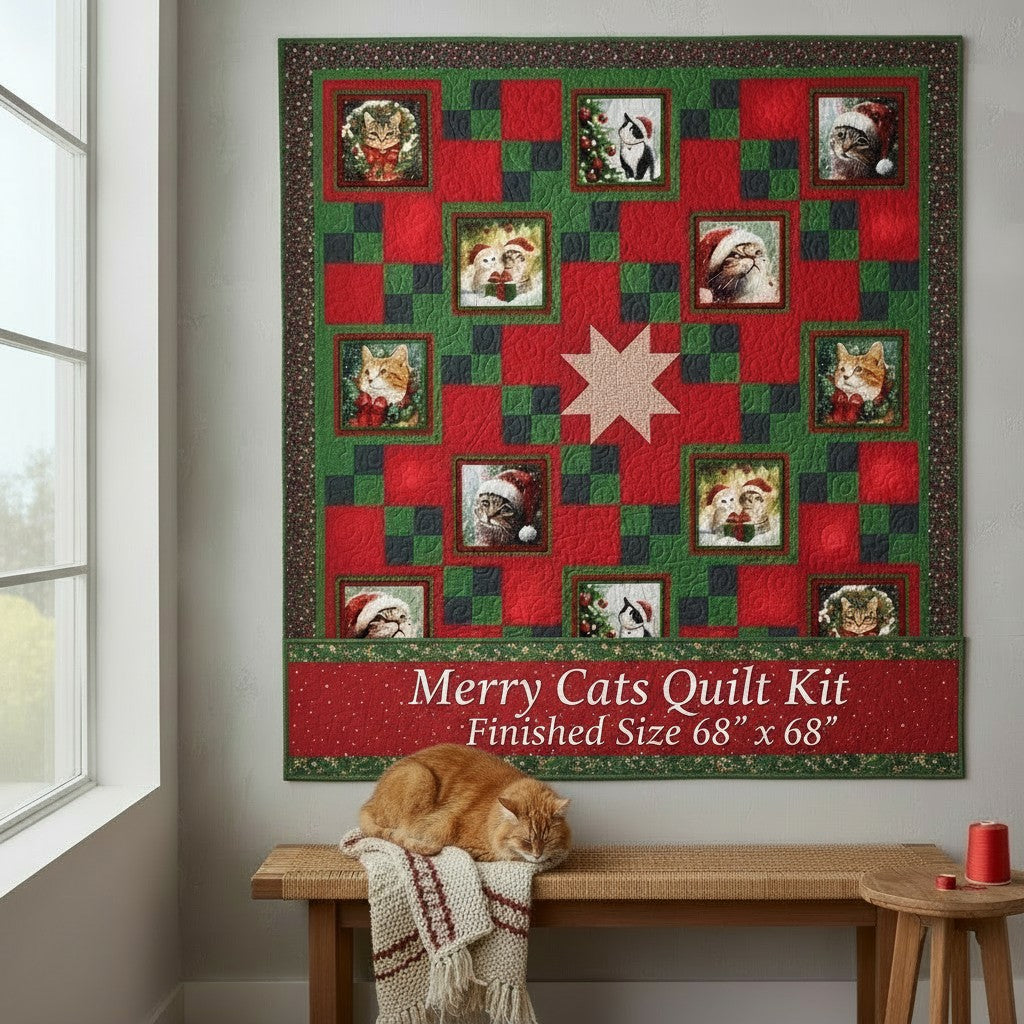 Carmon's Quilt Shop Merry Cats quilt kit featuring festive cat portraits in red and green holiday fabric squares.