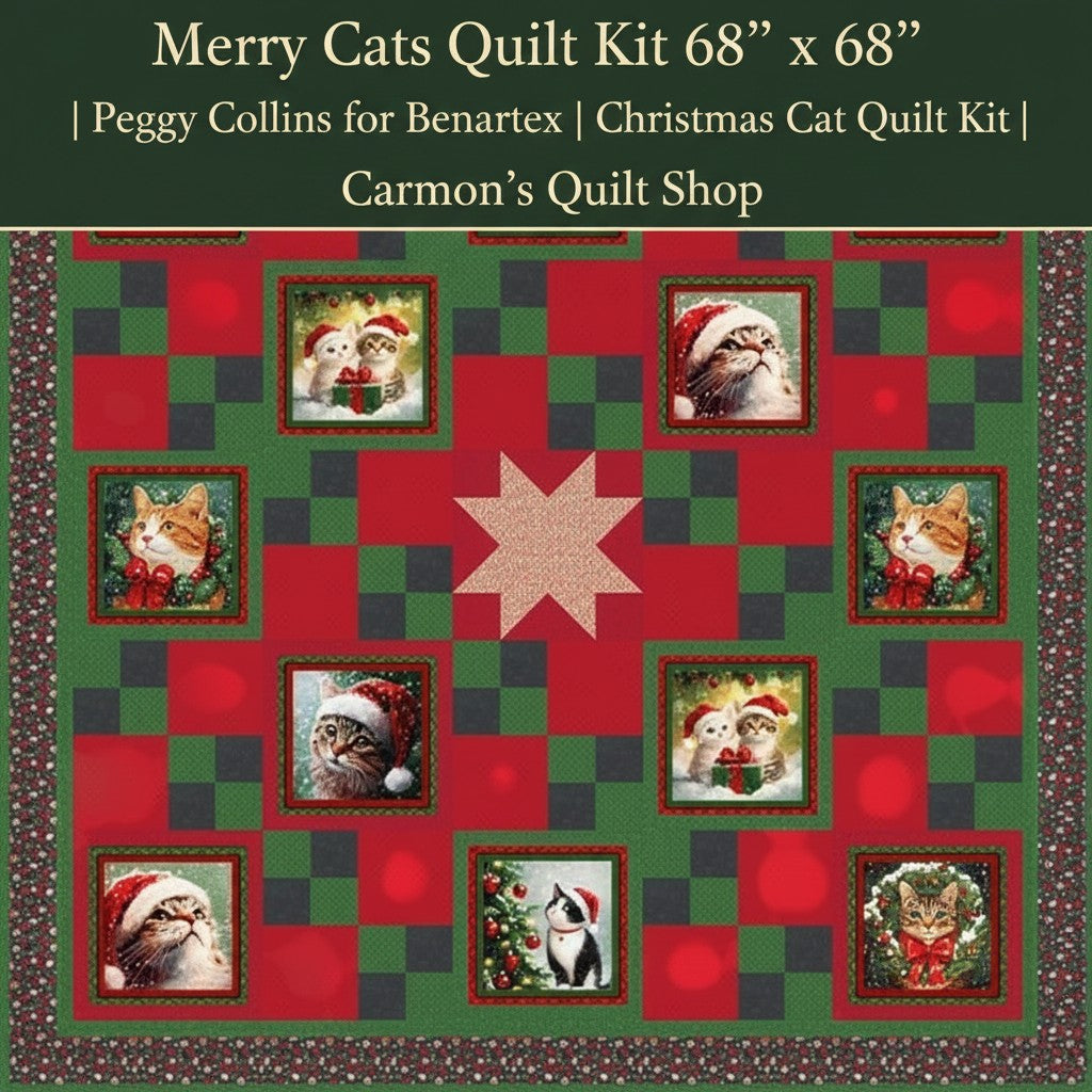Carmon's Quilt Shop Merry Cats quilt kit featuring festive cat panels, red and green patchwork, and holiday prints.
