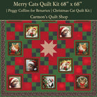 Carmon's Quilt Shop Merry Cats quilt kit featuring festive cat panels, red and green patchwork, and holiday prints.