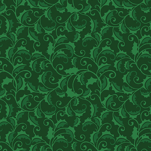 Carmon's Quilt Shop Merry Holly Forest green cotton fabric with a festive botanical Christmas holly leaf pattern.
