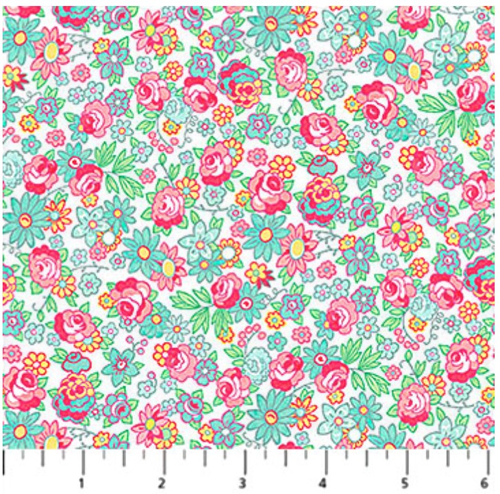 Carmon's Quilt Shop Quilting in Bloom mini rose white cotton fabric with vibrant pink and teal floral pattern