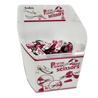 Carmon's Quilt Shop display bin filled with Sew Tasty Purse Power mini scissors featuring pink tassels and lanyards
