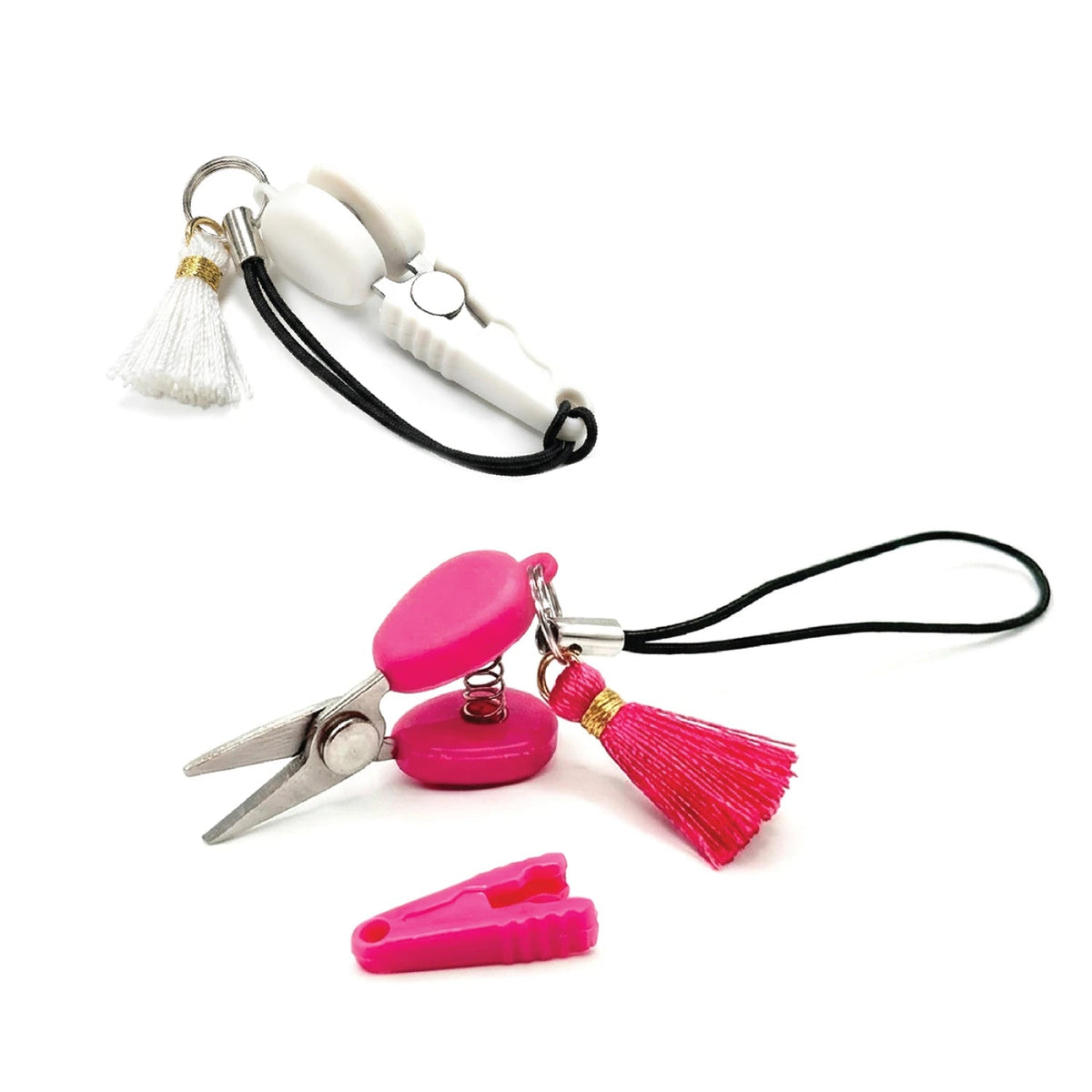Carmon's Quilt Shop Sew Tasty mini scissors with pink and white handles, stainless steel blades, and decorative tassels