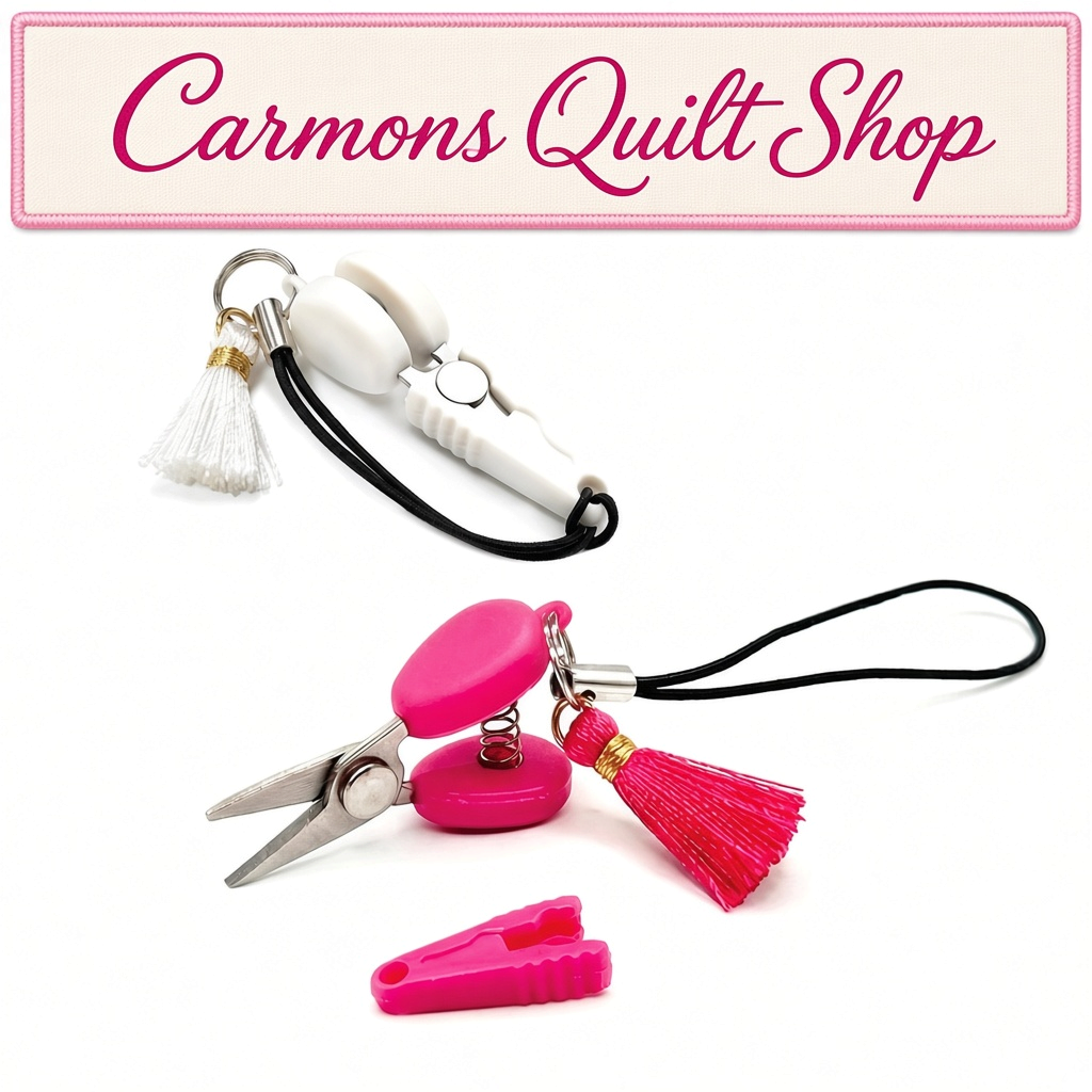 Carmon's Quilt Shop Sew Tasty mini scissors with tassels in pink and white with lanyards and protective clips