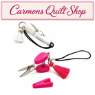 Carmon's Quilt Shop Sew Tasty mini scissors with tassels in pink and white with lanyards and protective clips