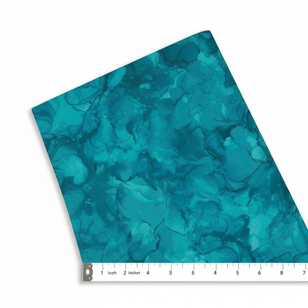 Carmon's Quilt Shop Mirage Adriatic abstract teal watercolor 100% cotton fabric with flowing ink design.