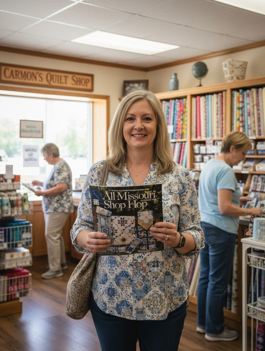 Woman holding the 2026 All Missouri Shop Hop Magazine at Carmon's Quilt Shop surrounded by fabric shelves.