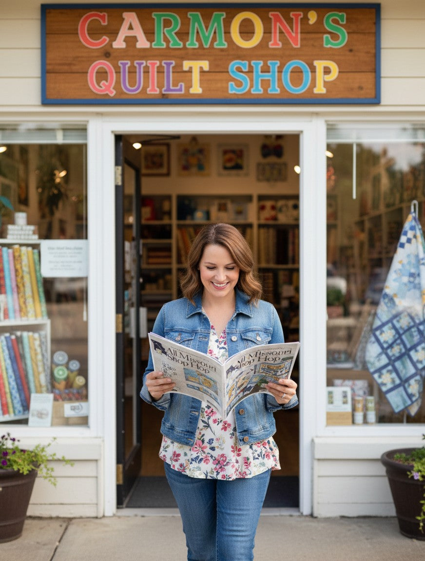 Woman reading the 2026 All Missouri Shop Hop Magazine outside Carmon's Quilt Shop with quilt patterns visible.
