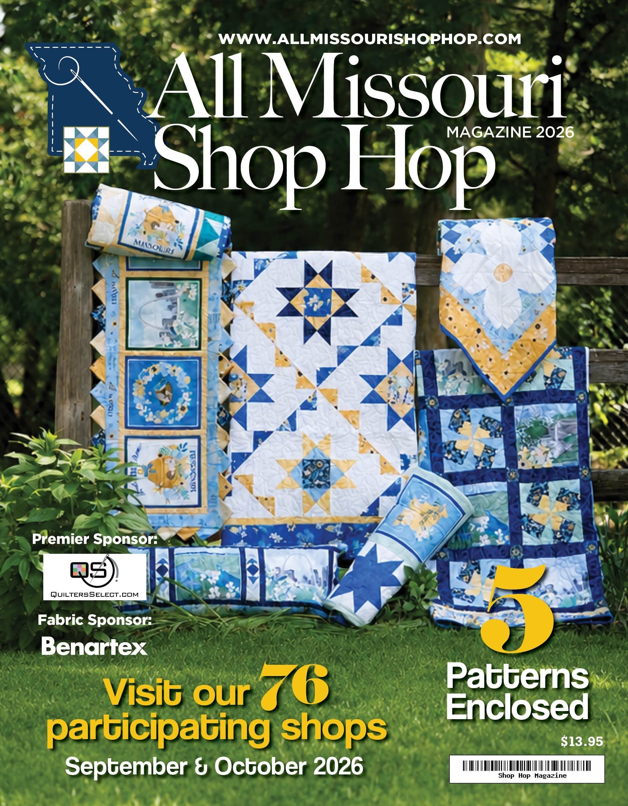 Carmon's Quilt Shop 2026 All Missouri Shop Hop magazine featuring five quilt patterns and blue and yellow fabric designs.