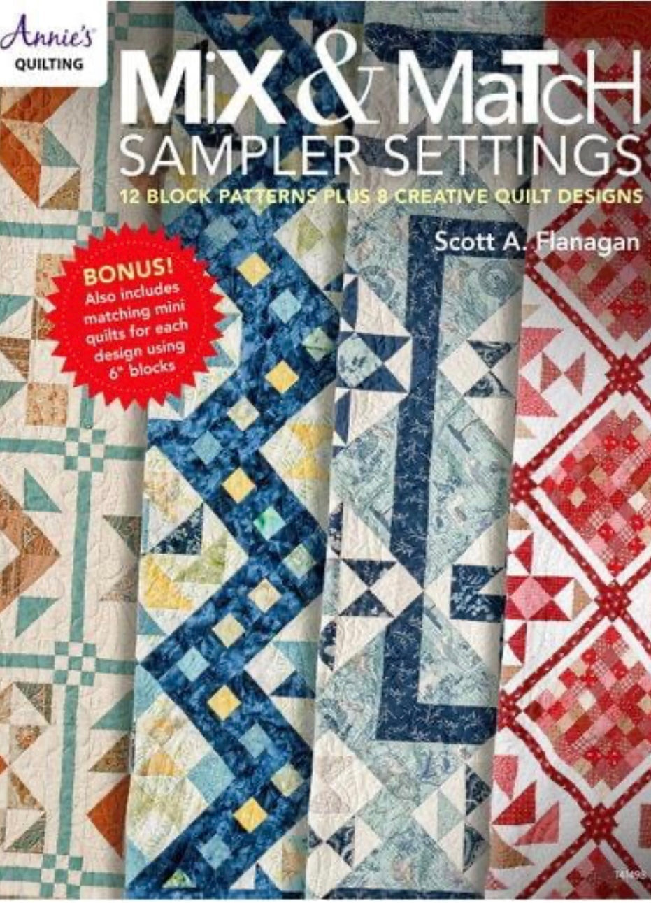 Carmon's Quilt Shop Mix & Match Sampler Settings softcover book featuring 12 quilt block patterns and 8 designs.