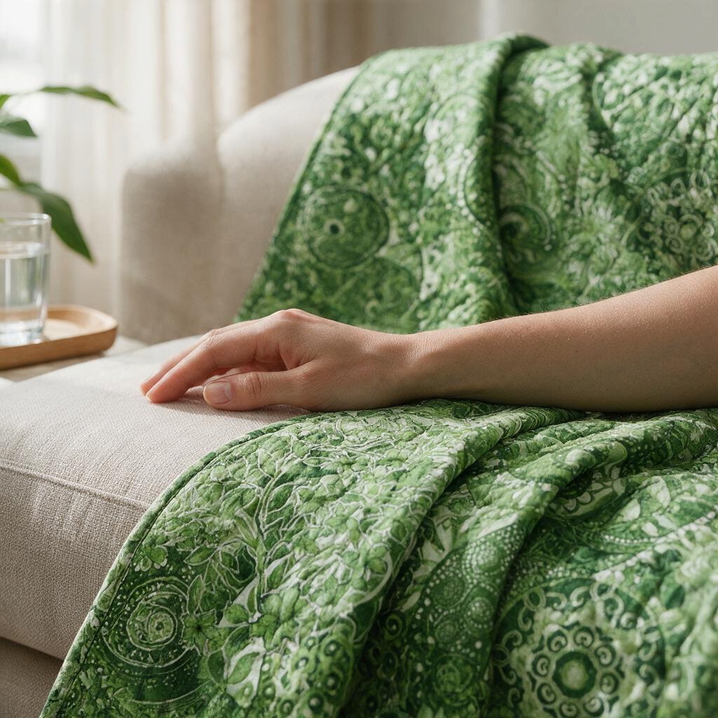 Carmon's Quilt Shop Mystique Blender moss green cotton fabric with intricate floral patterns draped over a sofa.