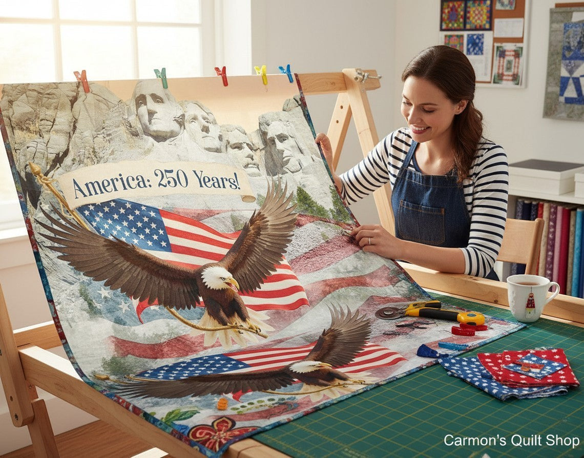 Woman at Carmon's Quilt Shop crafting with a patriotic Mount Rushmore 250 Years cotton fabric panel.