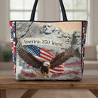 Carmon's Quilt Shop tote bag featuring a patriotic Mount Rushmore and bald eagle America 250 Years cotton fabric print.