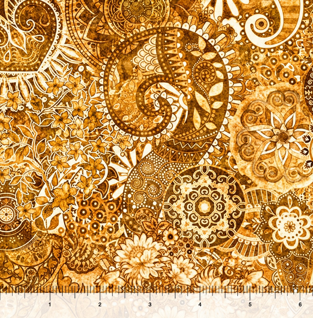 Carmon's Quilt Shop Mystique Blender fabric featuring ornate paisley and floral motifs in warm gold, brown, and cream.