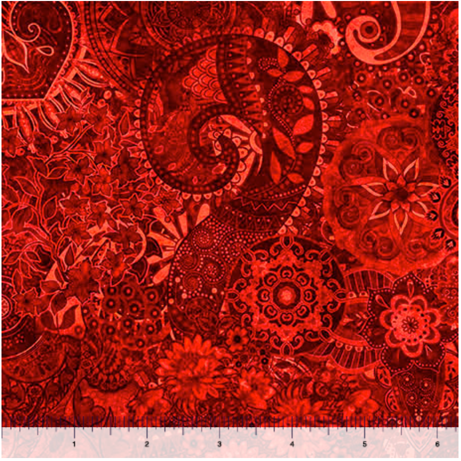 Carmon's Quilt Shop Mystique Blender red 108-inch wide cotton fabric with intricate paisley and floral patterns.