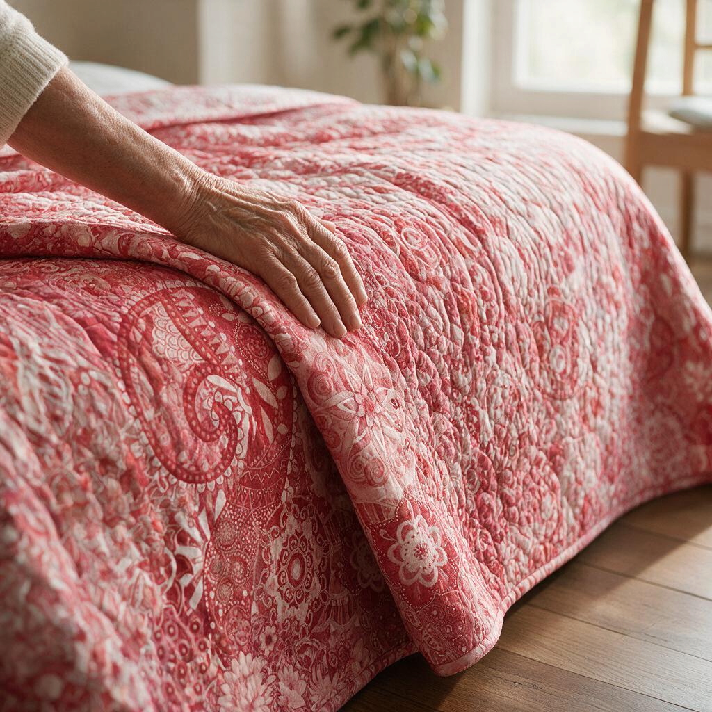 Carmon's Quilt Shop Mystique Blender rose floral cotton fabric used as a textured quilt backing on a bed