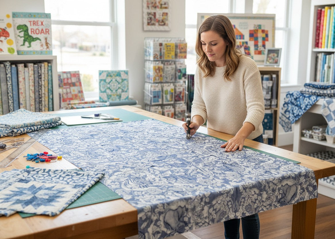 Carmon's Quilt Shop Mythic Forest blue cotton quilt fabric with animal and floral patterns being cut by a woman.