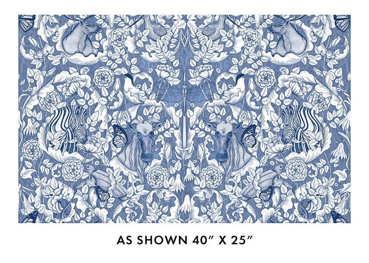 Carmon's Quilt Shop Mythic Forest blue 100% cotton fabric with intricate animal and floral pattern for quilting