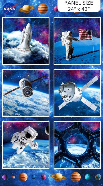Carmon's Quilt Shop Space Odyssey Hopscotch NASA quilt fabric panel featuring space shuttles, astronauts, and planets.
