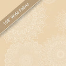 Carmon's Quilt Shop Dancing Doilies natural 108-inch wide backing fabric with elegant lace-inspired circular patterns.