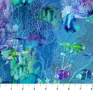 Carmon's Quilt Shop navy blue cotton fabric featuring a vibrant coral reef and tropical fish print for quilting