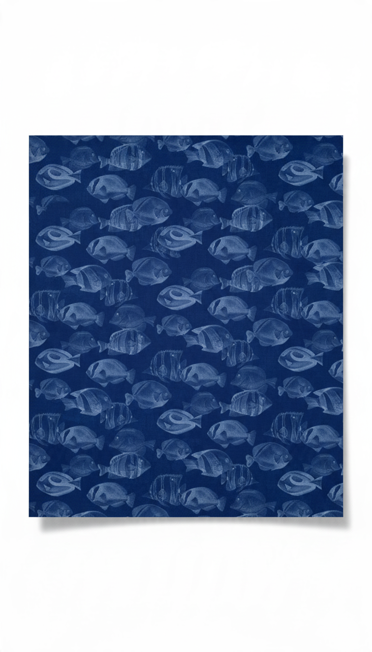 Carmon's Quilt Shop navy blue cotton fabric with a repeating fish pattern from the Northcott Coral Reef collection