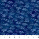 Carmon's Quilt Shop navy blue fabric featuring a repeating fish pattern from the Northcott Coral Reef collection