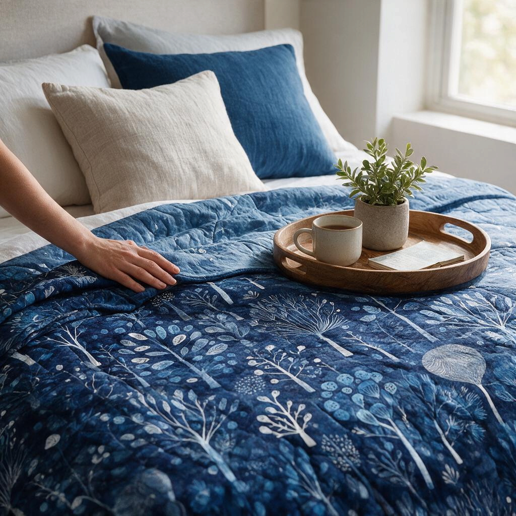 Carmon's Quilt Shop Night Owls Trees navy cotton fabric used as a quilt backing on a bed with a wooden tray