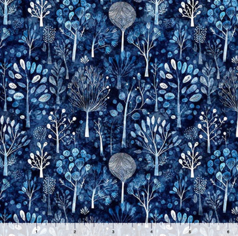 Carmon's Quilt Shop Night Owls Trees navy 108-inch wide cotton backing fabric with stylized woodland tree pattern