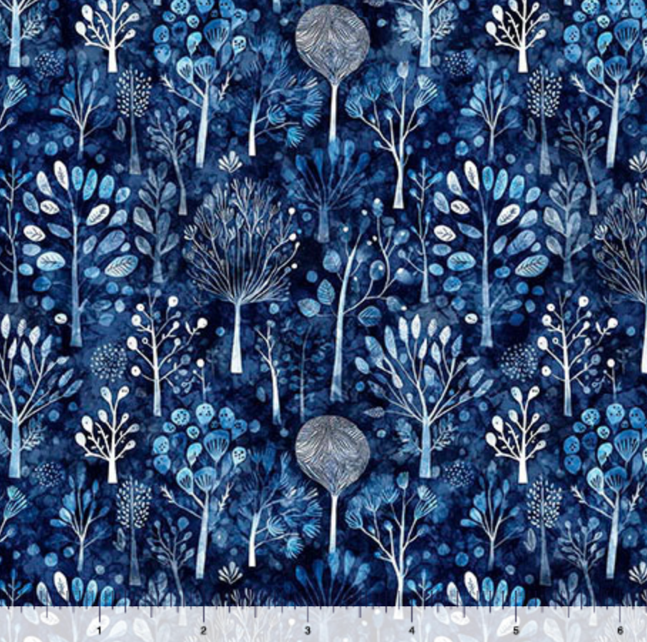 Carmon's Quilt Shop Night Owls Trees navy cotton fabric with stylized white and blue forest pattern for quilting.
