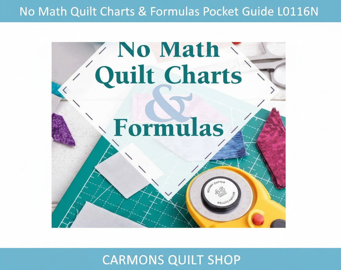 Carmon's Quilt Shop No Math Quilt Charts & Formulas pocket guide on a green cutting mat with quilting tools
