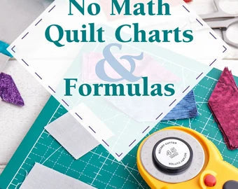 Carmon's Quilt Shop No Math Quilt Charts & Formulas pocket guide on a green cutting mat with quilting tools