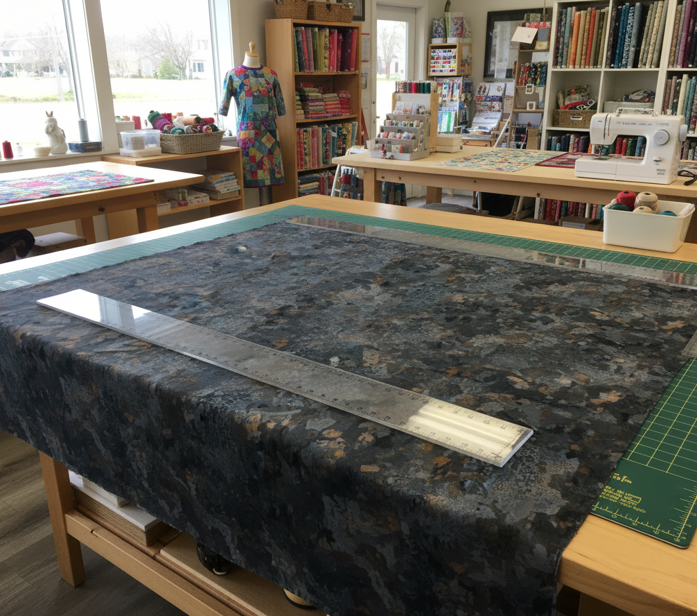 Carmon's Quilt Shop Chroma Obsidian Black 108-inch wide cotton backing fabric laid out on a quilting table