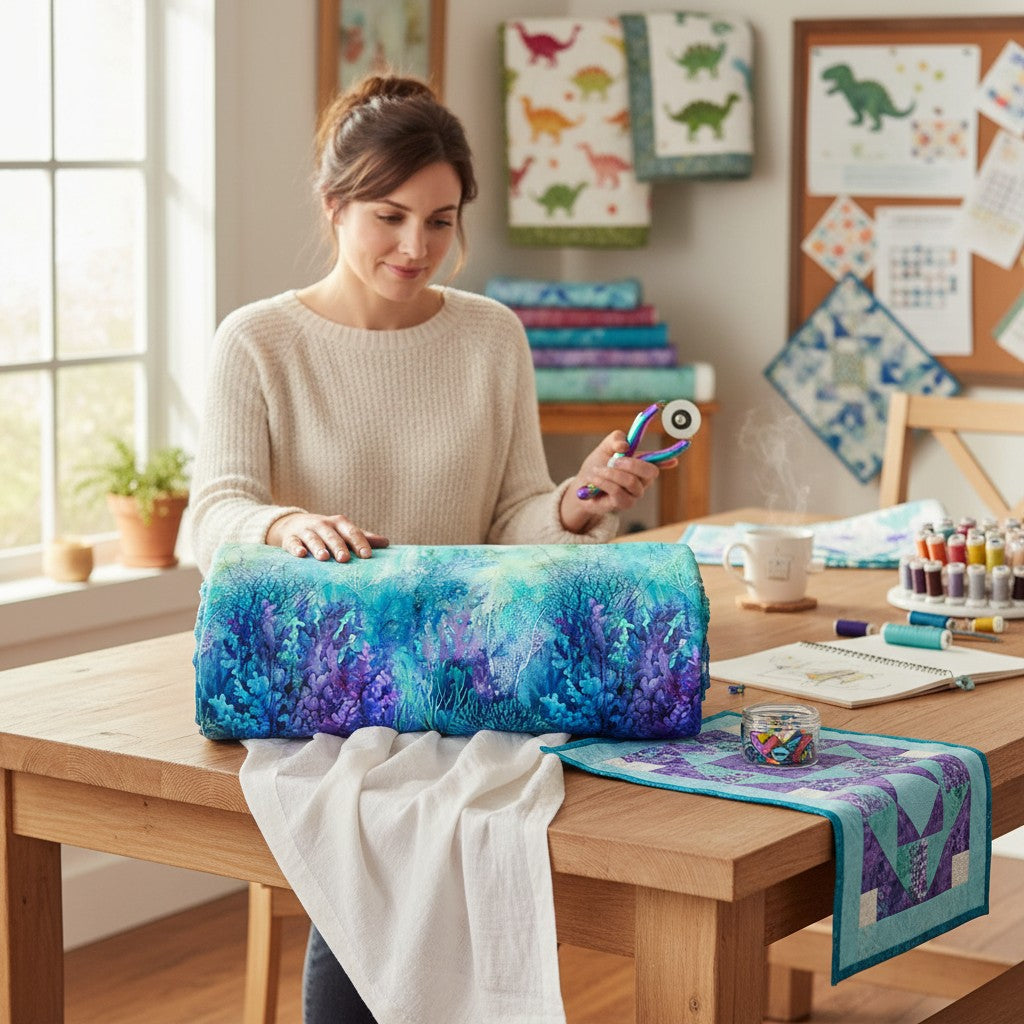 Carmon's Quilt Shop Ocean Depths wide backing fabric, 100% cotton, features coral reefs and aquatic flora in turquoise, teal, blue, and purple.