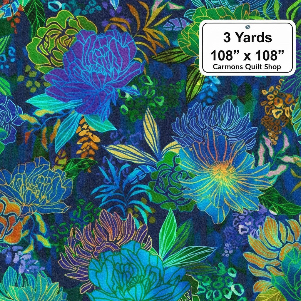 Carmon's Quilt Shop Ocean floral 100% cotton quilt backing fabric in vibrant blue and green tones