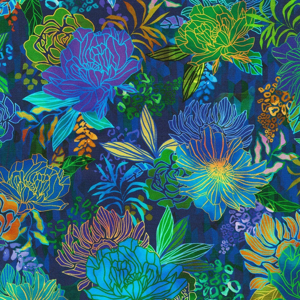 Carmon's Quilt Shop Ocean floral premium cotton quilt backing fabric with vibrant blue and green botanical patterns