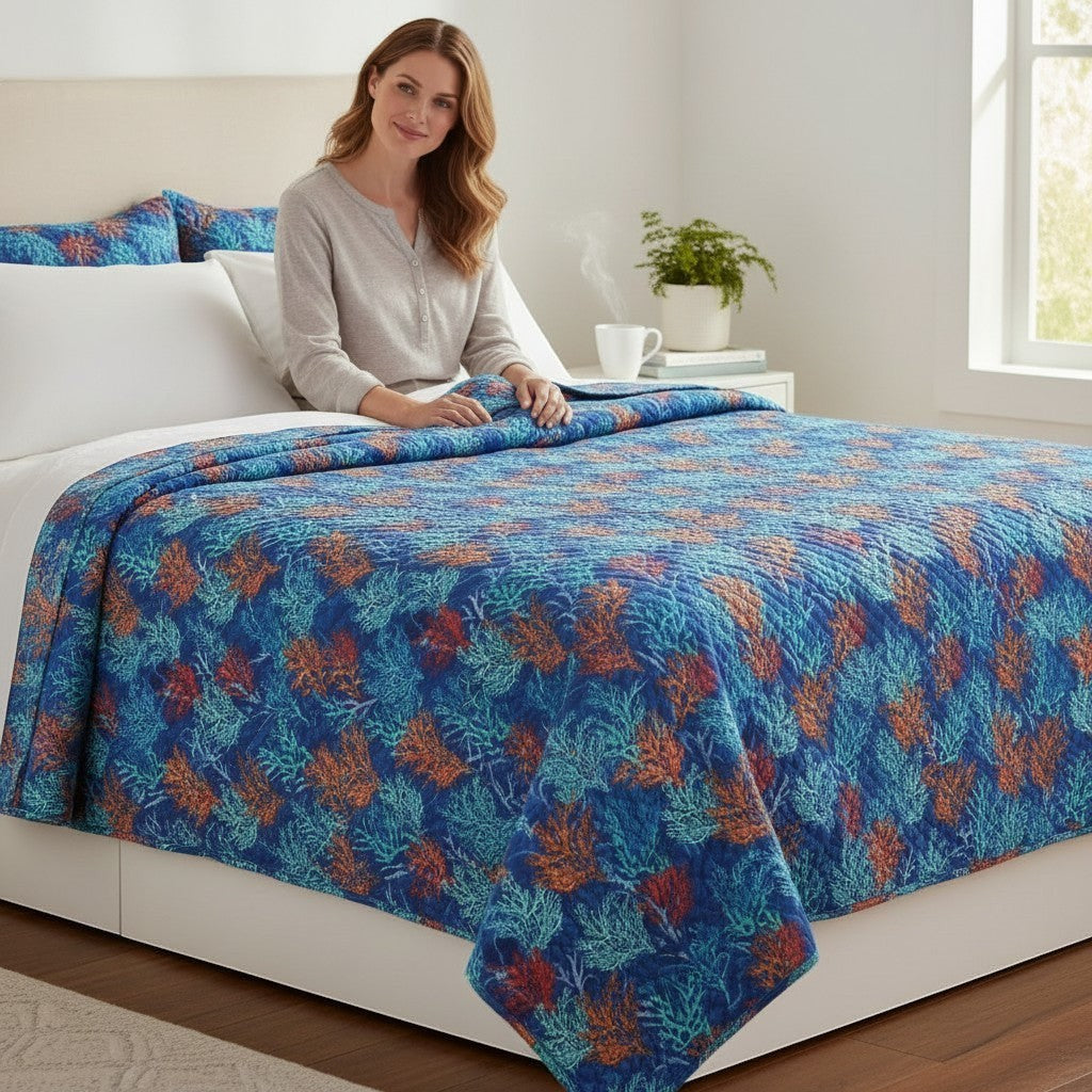 Carmon's Quilt Shop Oceana Coral 108 inch cotton fabric quilt with orange and blue reef print on a made bed