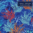 Carmon's Quilt Shop Oceana Coral 108 inch wide backing fabric featuring vibrant coral patterns on blue water background