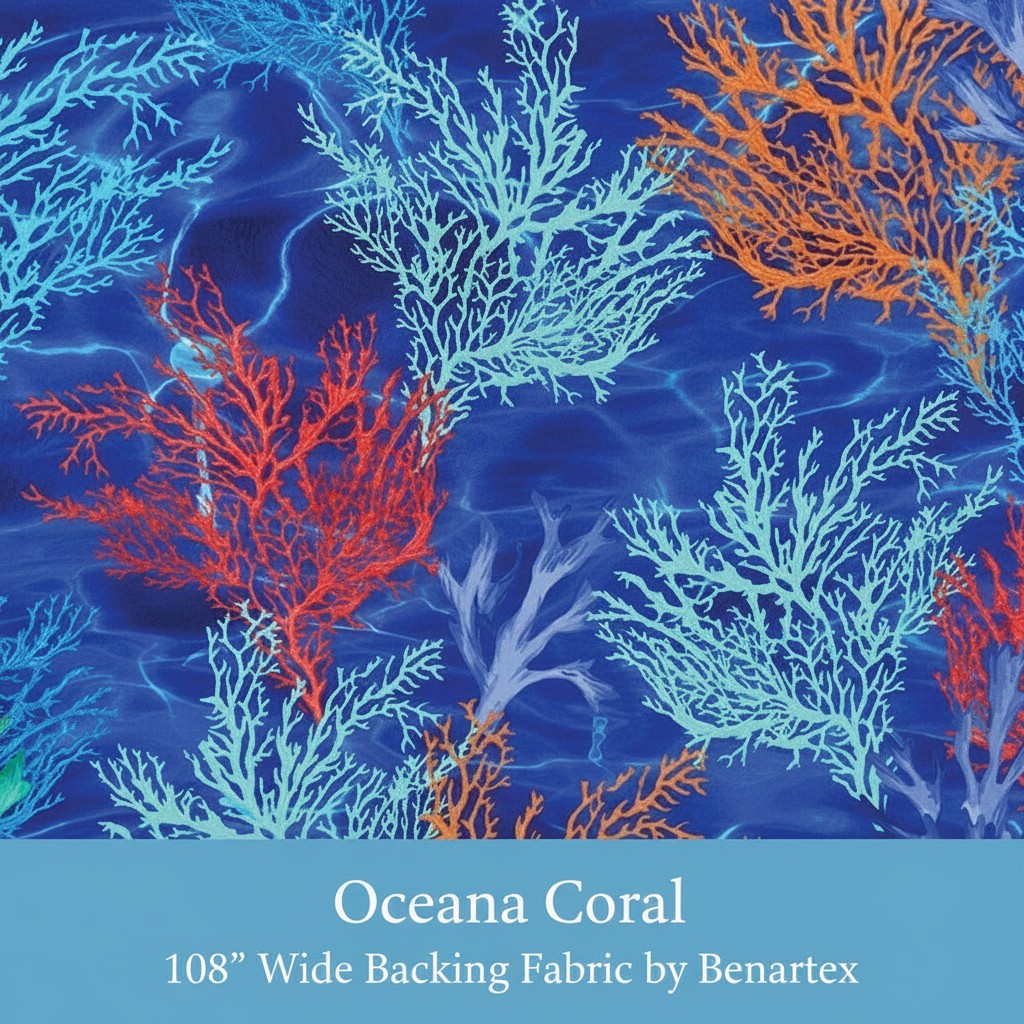 Carmon's Quilt Shop Oceana Coral 108 inch wide backing fabric featuring vibrant coral patterns on a blue water background