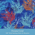 Carmon's Quilt Shop Oceana Coral 108 inch wide backing fabric featuring vibrant coral patterns on a blue water background