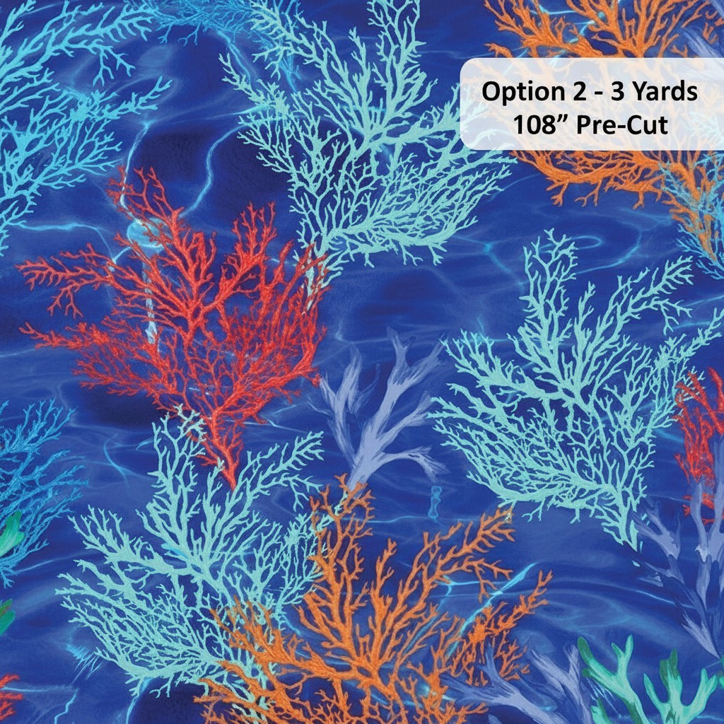 Carmon's Quilt Shop Oceana Coral 108 inch wide backing fabric with vibrant coral reef patterns on deep blue water